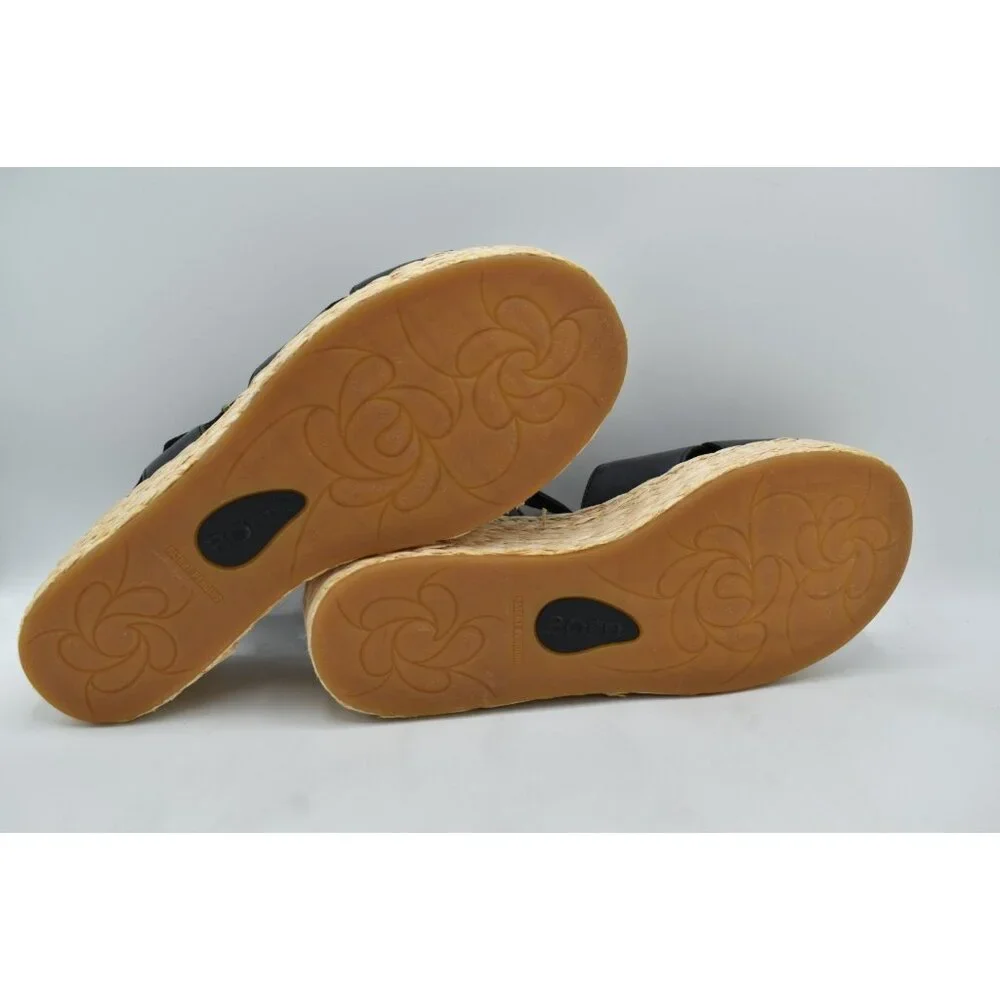 Born Women 10 Moriah Black Full Grain Leather Espadrilles Platform Wedge Sandals